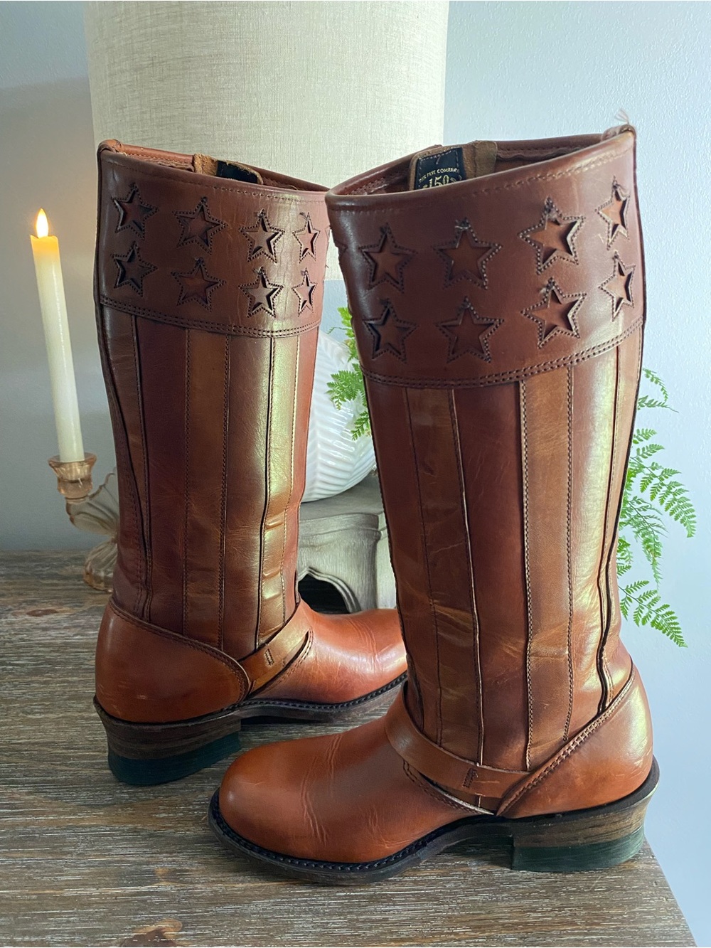 RARE Frye Engineer Americana Ltd Ed Anniversary Leather Tall Boots Women 7.5 Tan - Picture 2 of 16